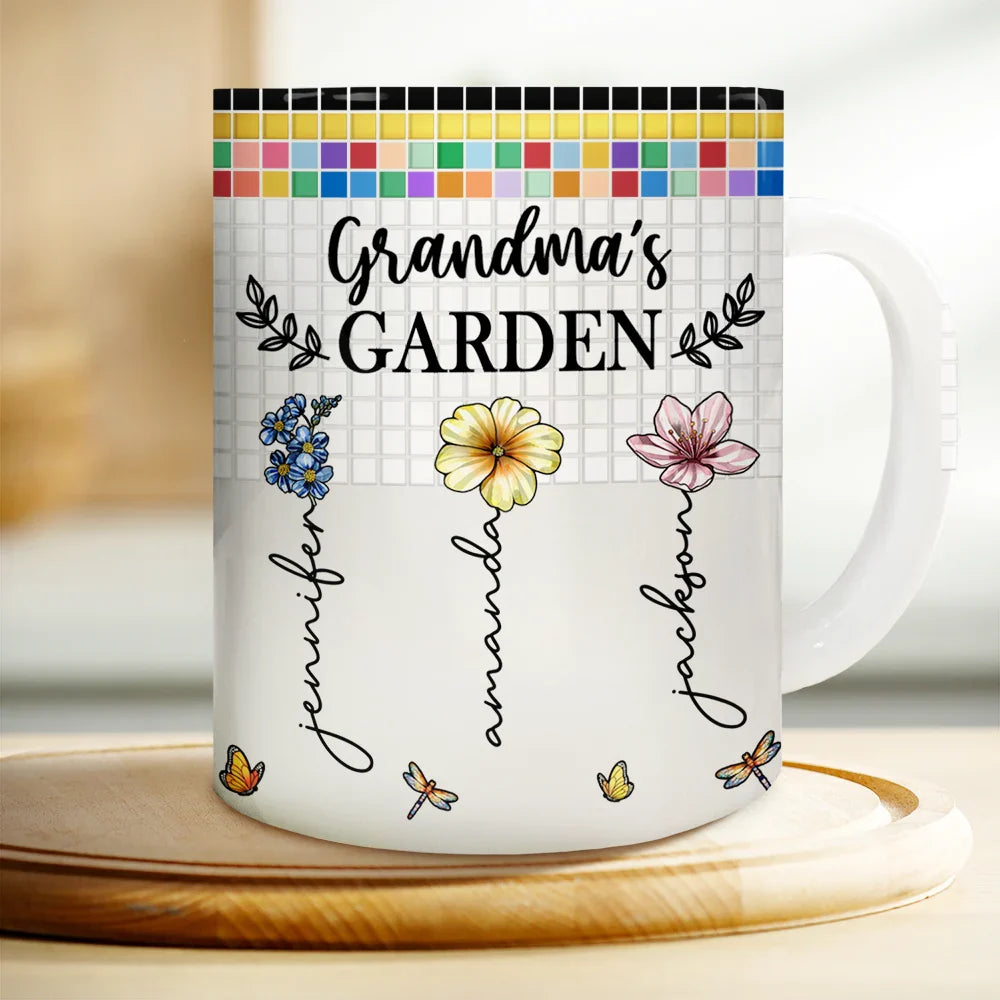 Mosaic Tiles Birth Flower Grandma's Garden - Personalized White Edge-to-Edge Mug