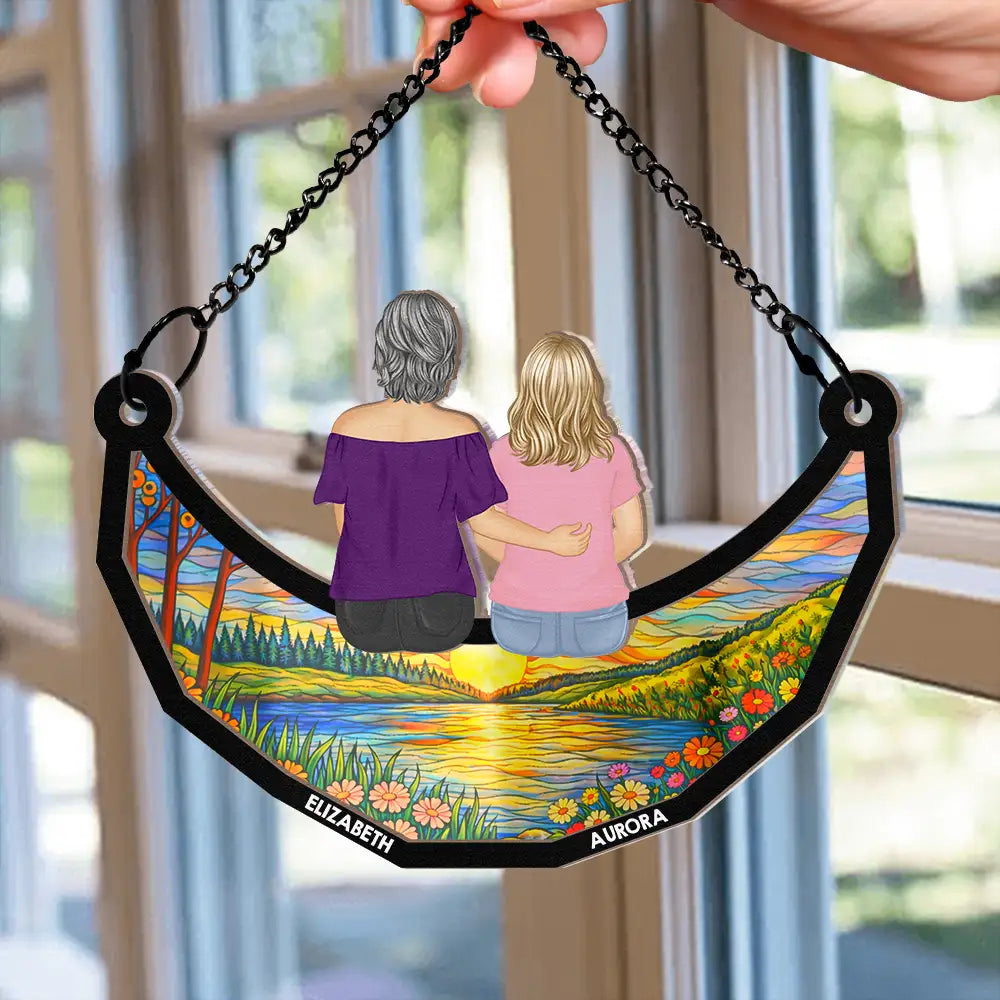 Gift For Mother,Mom - Children,Gift For Grandma,Love - Mother And Children Sitting On The Moon - Personalized Window Hanging Suncatcher Ornament