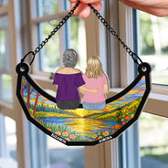 Gift For Mother,Mom - Children,Gift For Grandma,Love - Mother And Children Sitting On The Moon - Personalized Window Hanging Suncatcher Ornament