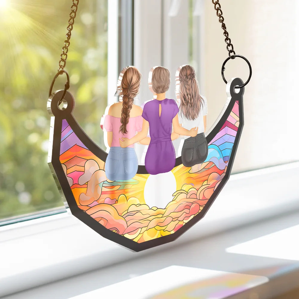 Gift For Mother,Mom - Children,Gift For Grandma,Love - Mother And Children Sitting On The Moon - Personalized Window Hanging Suncatcher Ornament