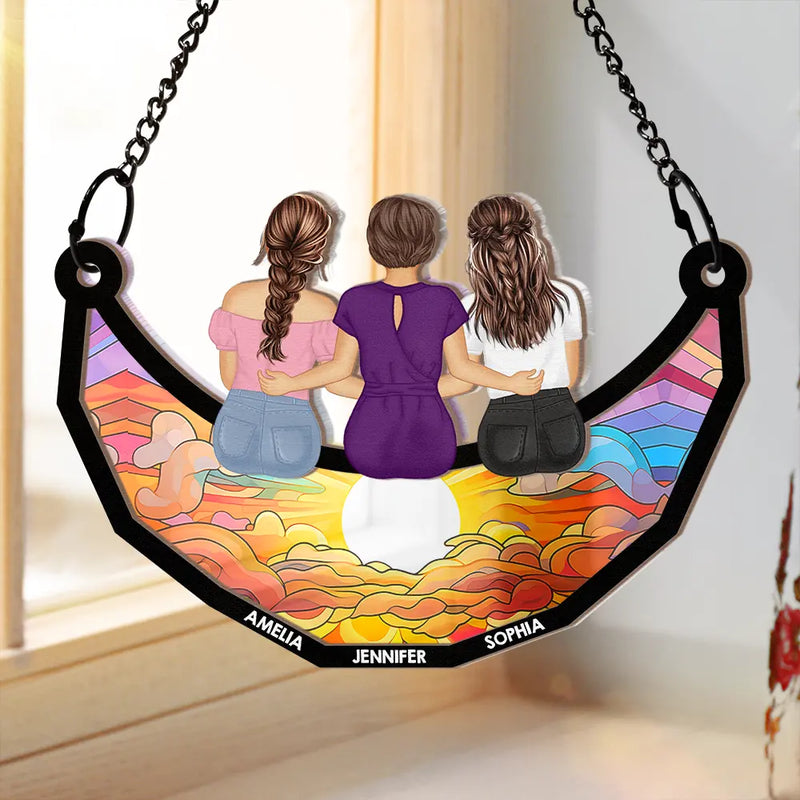 Gift For Mother,Mom - Children,Gift For Grandma,Love - Mother And Children Sitting On The Moon - Personalized Window Hanging Suncatcher Ornament