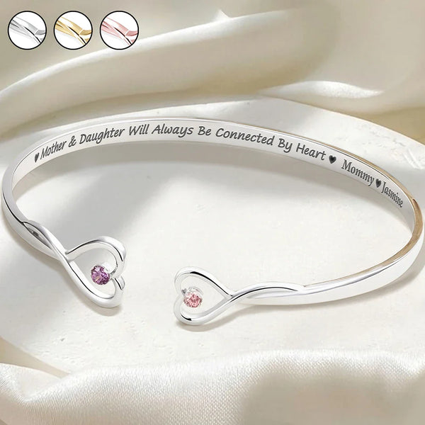 Gift For Mother, Gift For Daughter, Mom - Daughters (Adult), Mom - Daughters (Young), Love - Mother And Daughter Will Always Be Connected By Heart - Personalized Gem Heart Cuff Bracelet