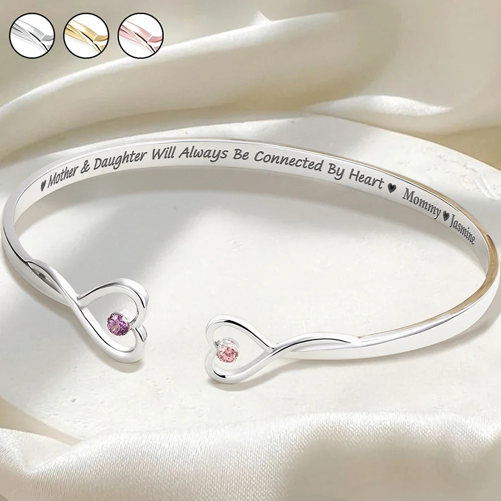 Mother And Daughter Will Always Be Connected By Heart - Personalized Gem Heart Cuff Bracelet