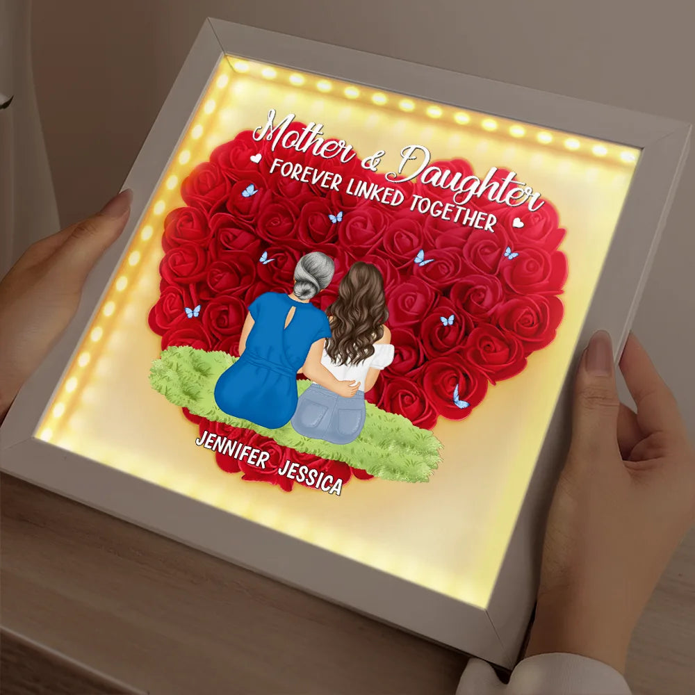 Gift For Mother,Mom - Daughters (Adult),Happy - Mother Daughter Forever Linked Together - Personalized LED Light Flower Shadow Box