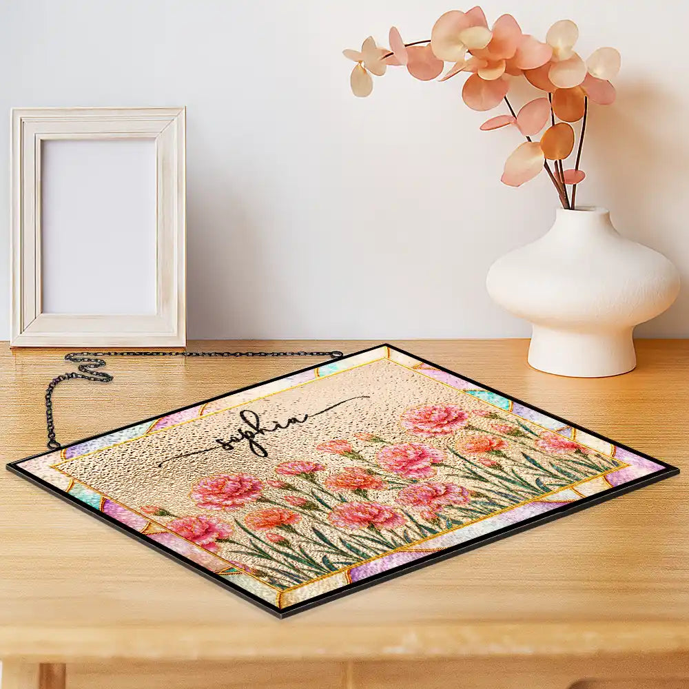 Gift For Yourself, Gift For Women, Summer, Cozy, Icon, Special Font - Mother Of Pearl Birth Flower Blooming In Love - Personalized Horizontal Stained Glass Suncatcher