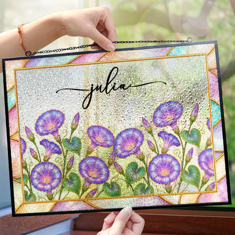 Gift For Yourself, Gift For Women, Summer, Cozy, Icon, Special Font - Mother Of Pearl Birth Flower Blooming In Love - Personalized Horizontal Stained Glass Suncatcher