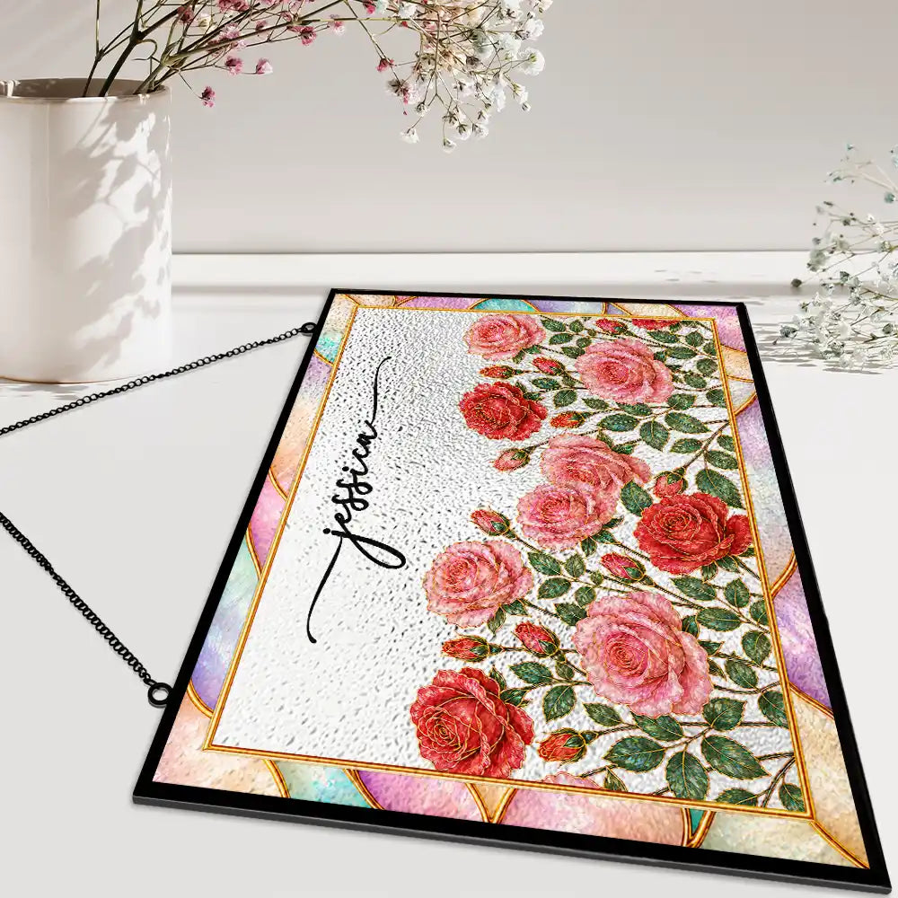 Gift For Yourself, Gift For Women, Summer, Cozy, Icon, Special Font - Mother Of Pearl Birth Flower Blooming In Love - Personalized Horizontal Stained Glass Suncatcher