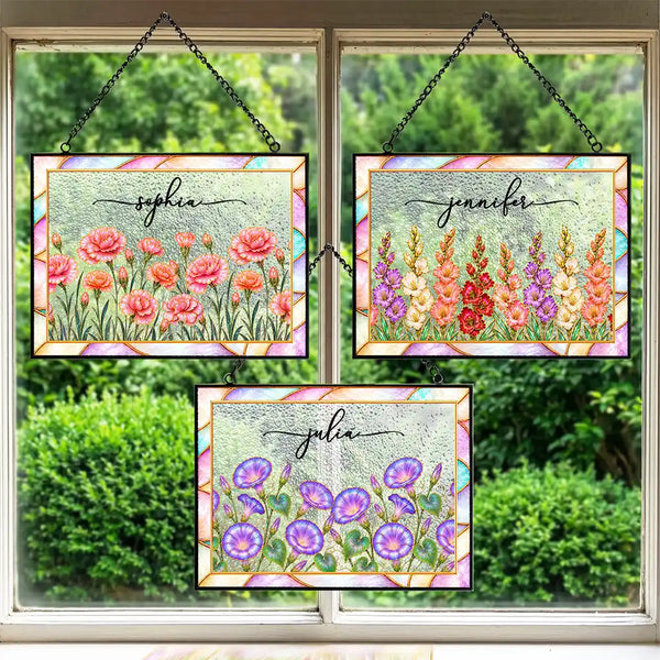 Gift For Yourself, Gift For Women, Summer, Cozy, Icon, Special Font - Mother Of Pearl Birth Flower Blooming In Love - Personalized Horizontal Stained Glass Suncatcher