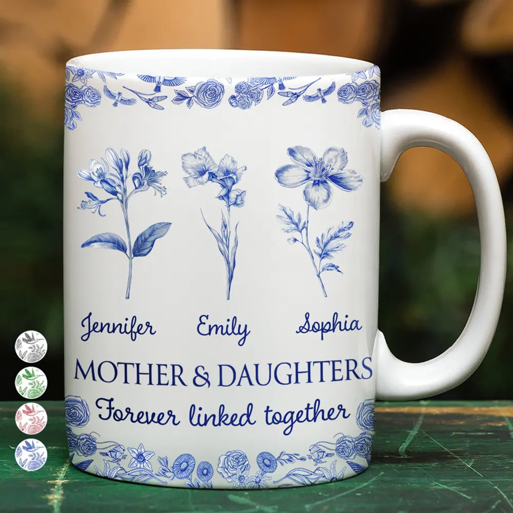 Mother & Daughters Forever Linked Together Toile Birth Flower - Personalized White Edge-to-Edge Mug