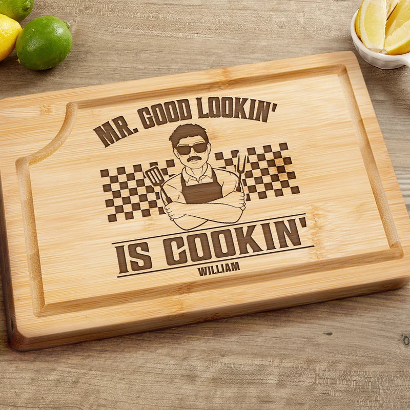 Gift For Husband, Gift For Yourself, Gift For Boyfriend, Gift For Men, Gift For Father, Dad's Hobby, Gift For Grandpa, Grandpa's Hobby, Cooking, Grilling - Mr. Good Lookin' Is Cookin' - Personalized Wooden Cutting Board