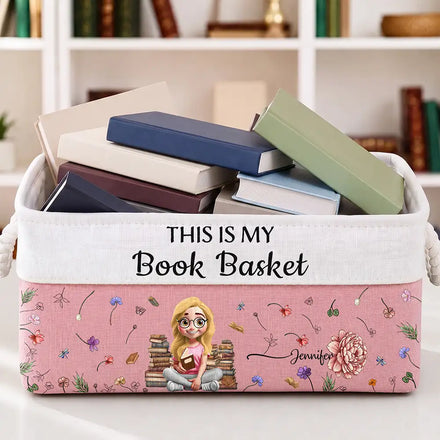 My Books Reading Girl With Birth Month Flower - Personalized Storage Basket