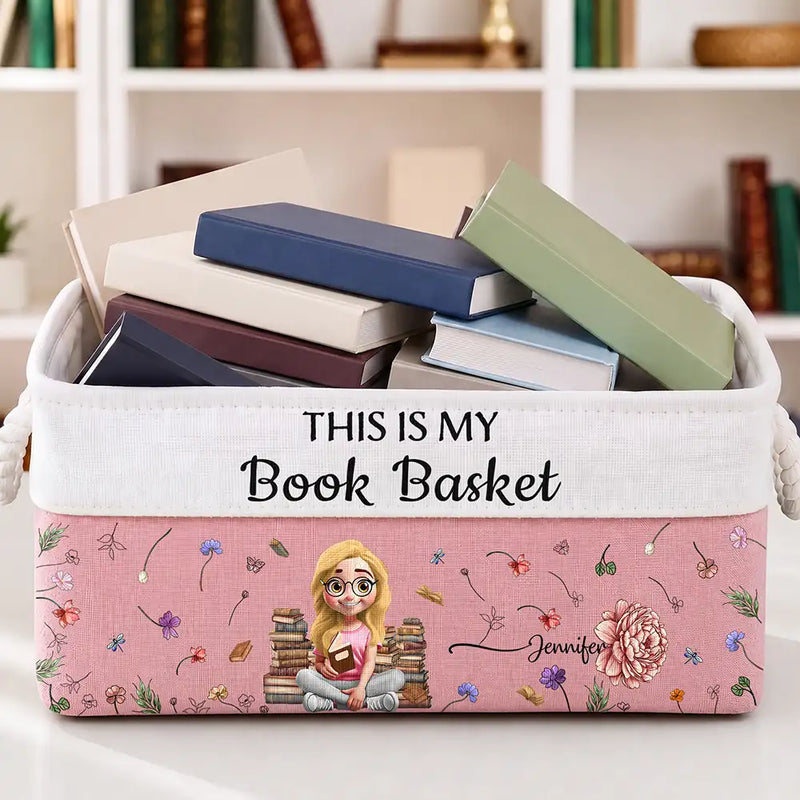 Adorable, Reading, Gift For Yourself, Gift For Women, Vector - My Books Reading Girl With Birth Month Flower - Personalized Storage Basket