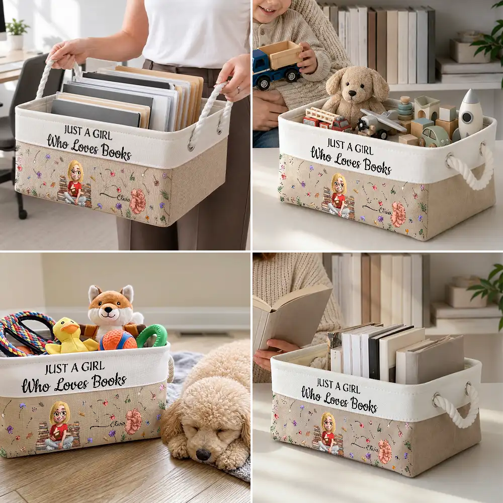 Adorable, Reading, Gift For Yourself, Gift For Women, Vector - My Books Reading Girl With Birth Month Flower - Personalized Storage Basket