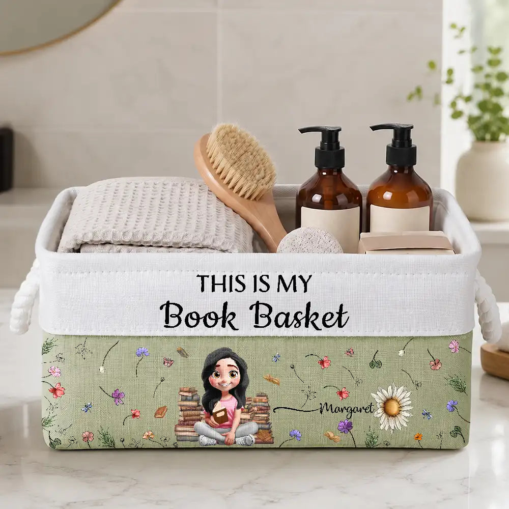 Adorable, Reading, Gift For Yourself, Gift For Women, Vector - My Books Reading Girl With Birth Month Flower - Personalized Storage Basket