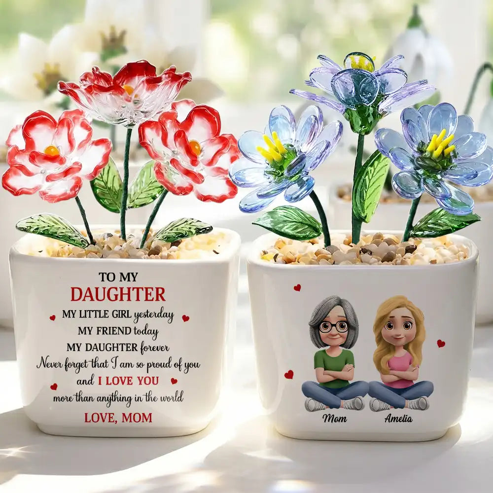 Mom - Daughters (Adult),Gift For Daughter,Love - My Daughter Forever - Personalized Glass Flower Plant Pot