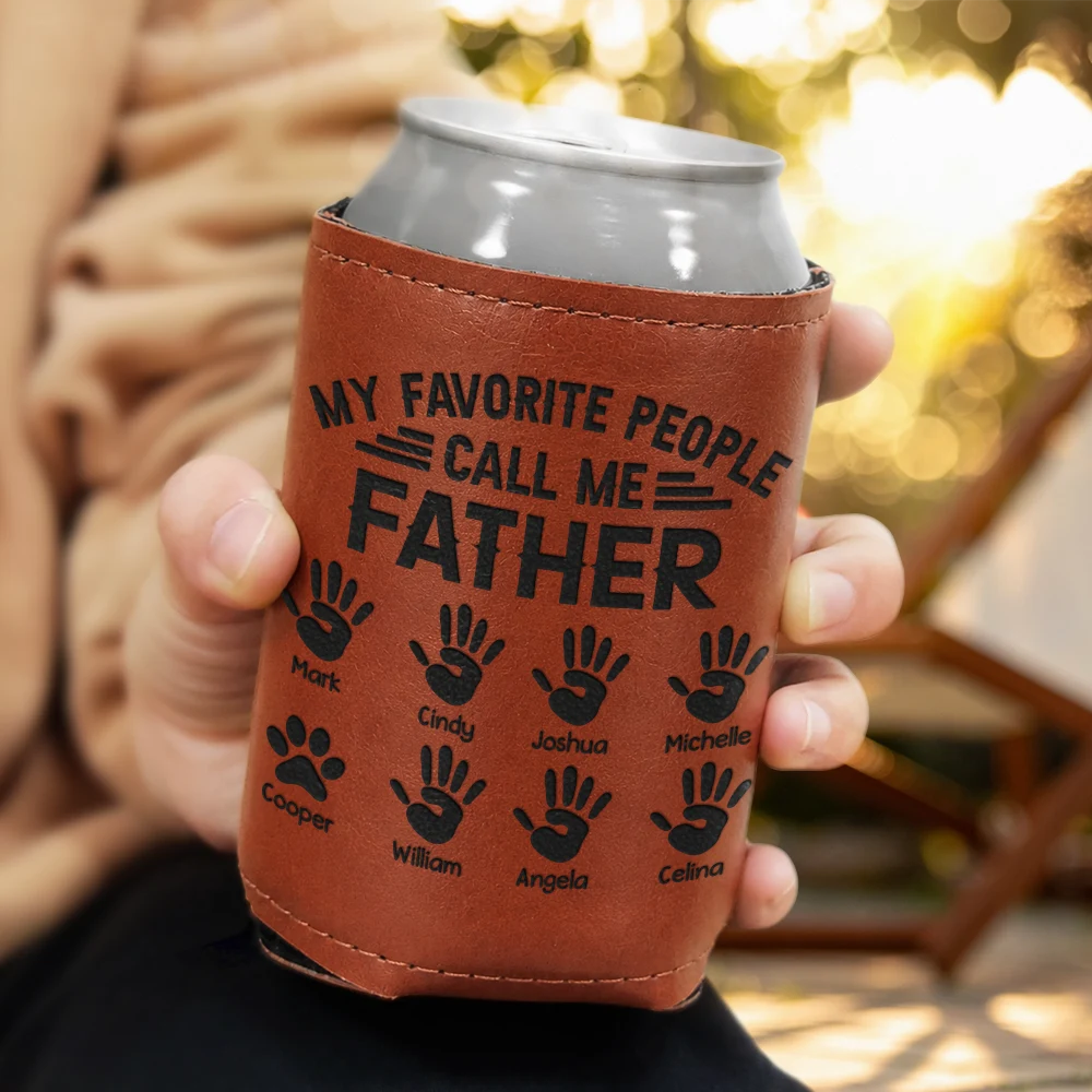 Gift For Grandpa,Top Market,Proud,Icon - My Favorite People Call Me Papa - Personalized Engraved Leather Can Cooler
