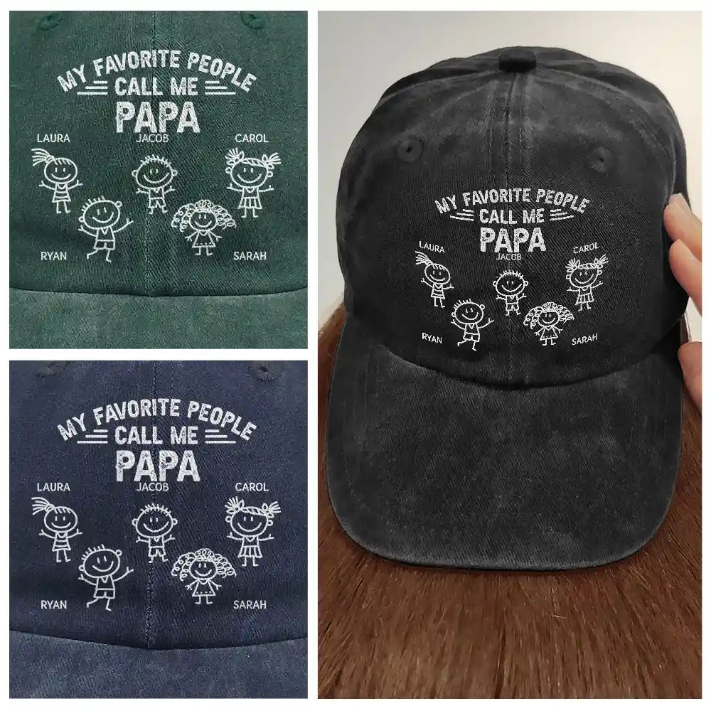 Gift For Grandpa, Gift For Grandparents, Gift For Father, Happy - My Favorite People Call Me Papa Kid Stick Figures - Personalized Vintage Washed Denim Cap