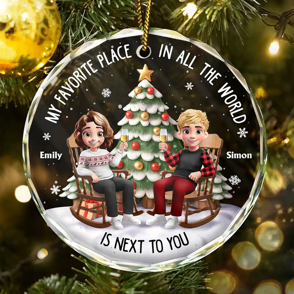 Christmas,Gift For Couples,Gift For Husband,Gift For Wife,Gift For Boyfriend,Gift For Girlfriend,Happy - My Favorite Place In All The World 3D Effect - Personalized Circle Glass Ornament