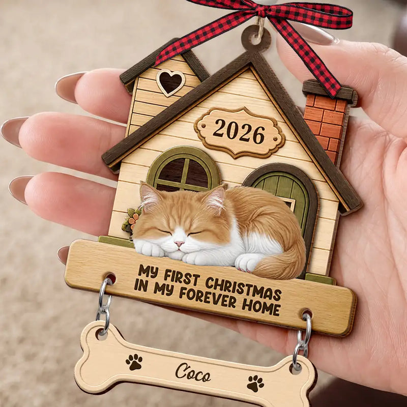 Christmas,Pet Lovers,Vector,Happy - My First Christmas In My Forever Home - Personalized Wooden Ornament With Tag