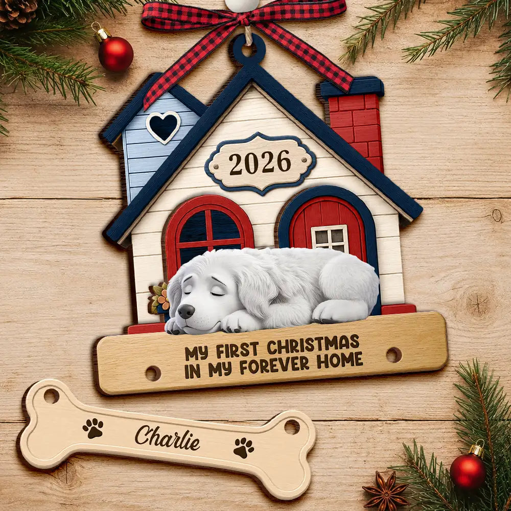 Christmas,Pet Lovers,Vector,Happy - My First Christmas In My Forever Home - Personalized Wooden Ornament With Tag