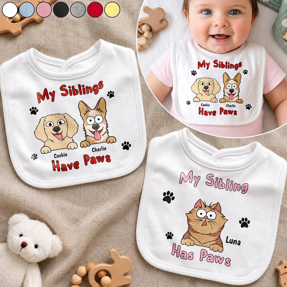 New Baby, Summer, Pet Lovers, Playful, Vector - My Siblings Have Paws Stars And Stripes - Personalized Baby Bib