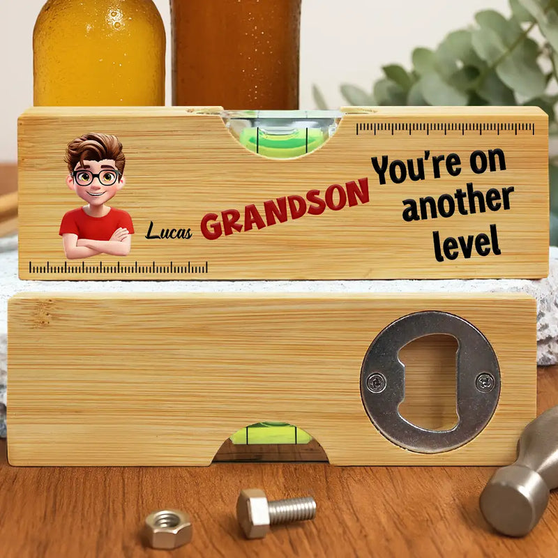 Gift For Son,Gift For Men,Top Market,Happy - My Son You Are On Another Level - Personalized Bottle Opener Wood Level
