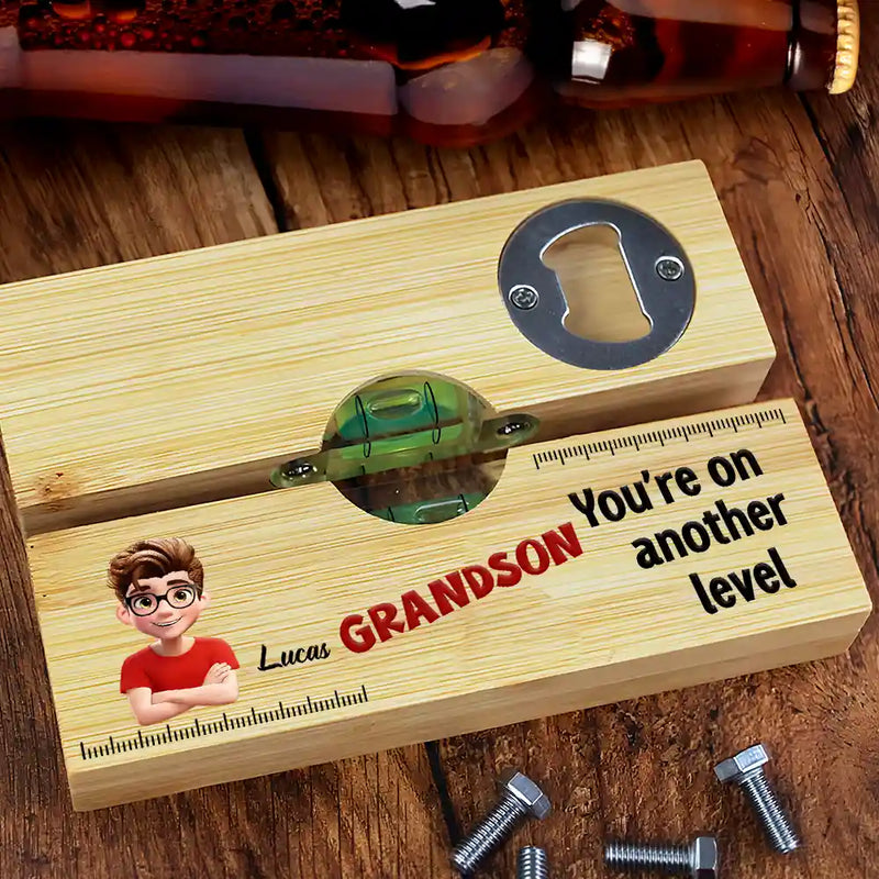 Gift For Son,Gift For Men,Top Market,Happy - My Son You Are On Another Level - Personalized Bottle Opener Wood Level