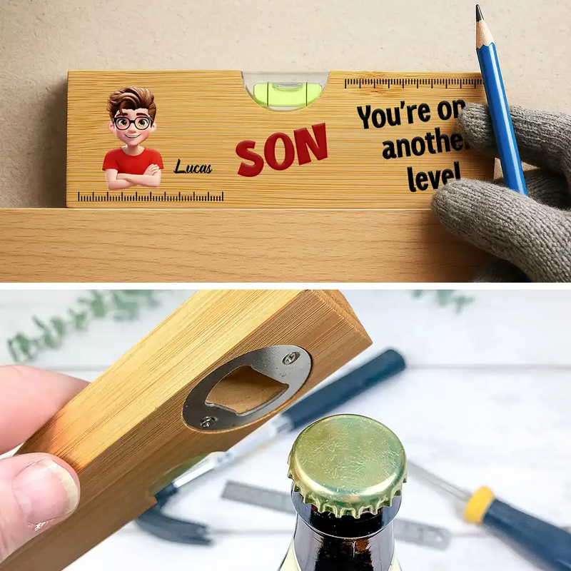 Gift For Son,Gift For Men,Top Market,Happy - My Son You Are On Another Level - Personalized Bottle Opener Wood Level