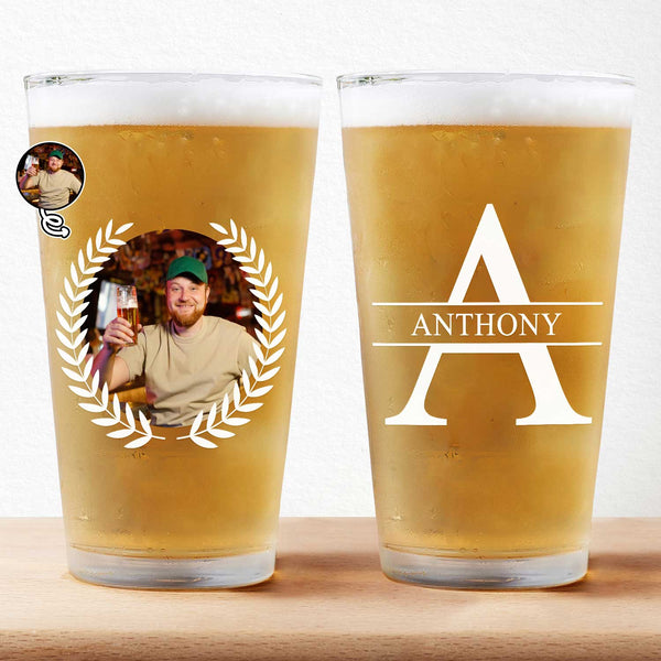 Custom Photo Monogram Name - Gift For Men, Dad, Father, Grandfather, Grandpa, Husband - Personalized Beer Glass