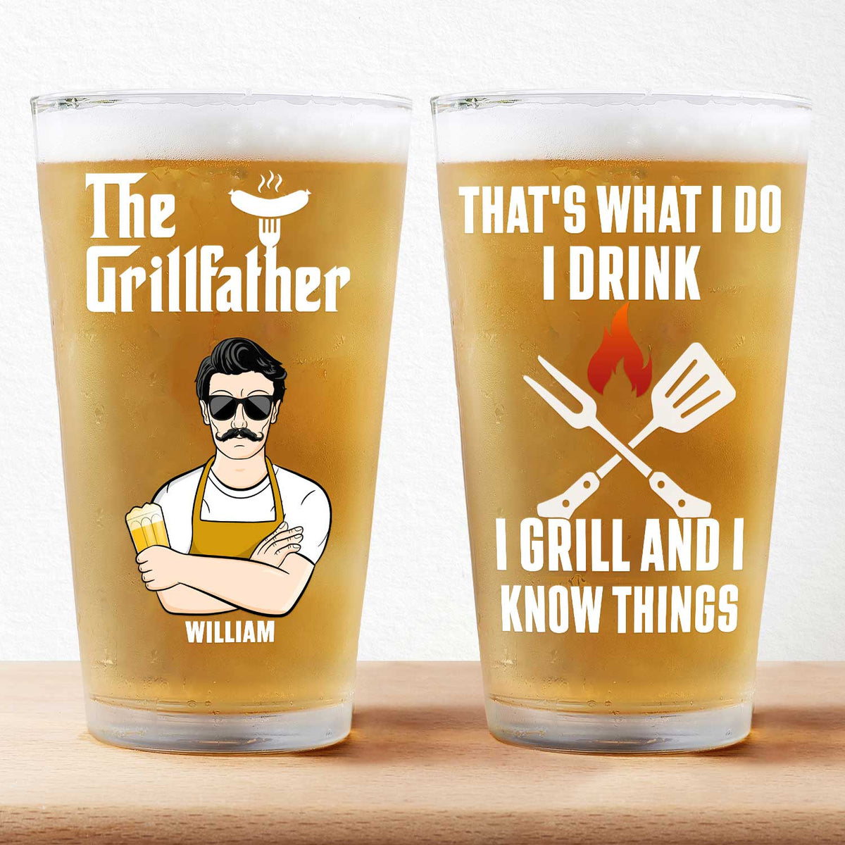The Grill Father That's What I Do - Gift For Dad - Personalized Beer Glass