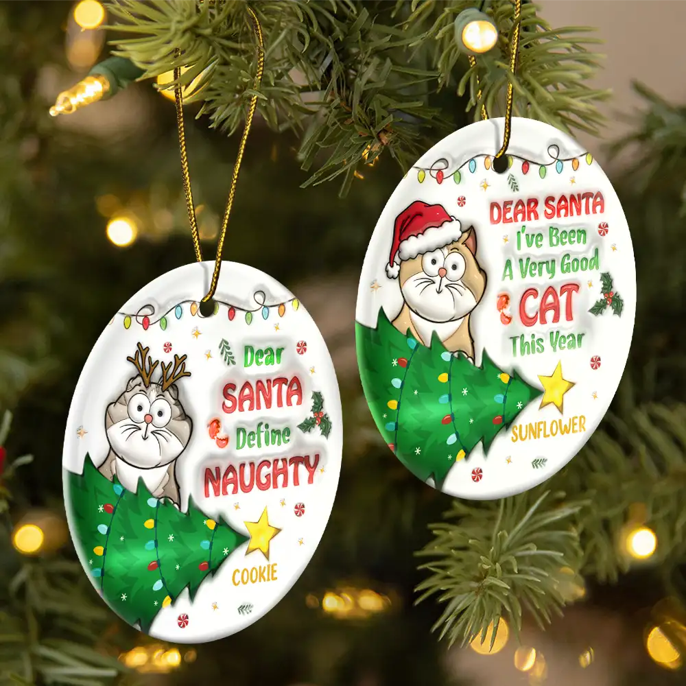 Funny Cartoon Cat On The Naughty List - 3D Inflated Effect Printed Ornament, Personalized Circle Ceramic Ornament