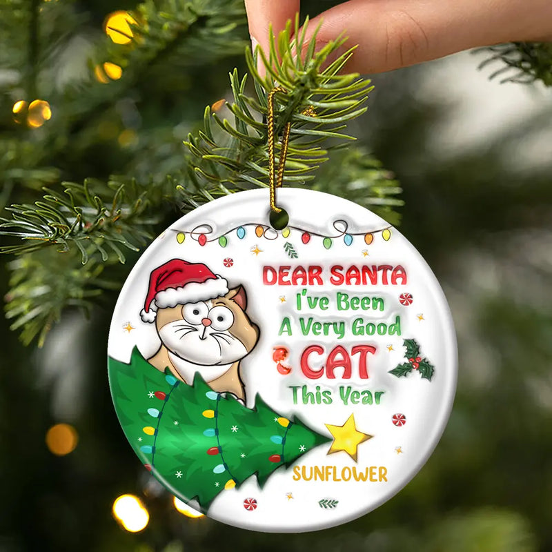 Funny Cartoon Cat On The Naughty List - 3D Inflated Effect Printed Ornament, Personalized Circle Ceramic Ornament