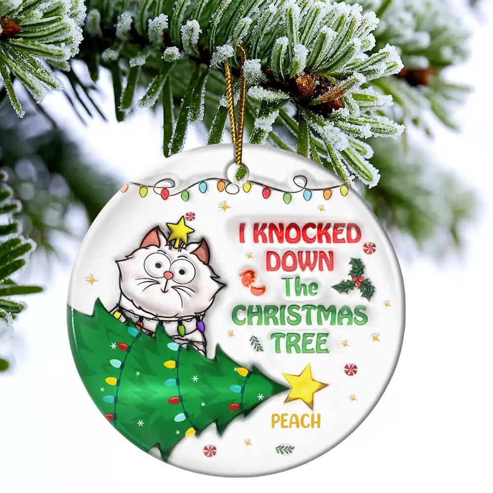 Funny Cartoon Cat On The Naughty List - 3D Inflated Effect Printed Ornament, Personalized Circle Ceramic Ornament