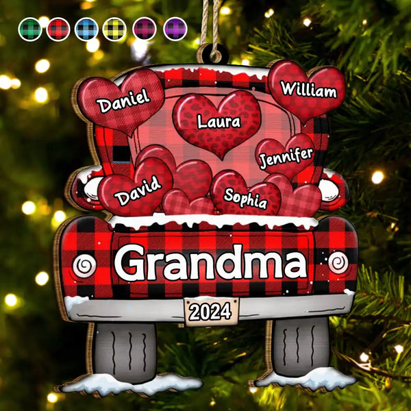 Mom Dad Grandma Grandpa Truck Loading Hearts - Personalized Wooden Cutout Ornament