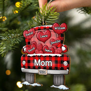 Mom Dad Grandma Grandpa Truck Loading Hearts - Personalized Wooden Cutout Ornament