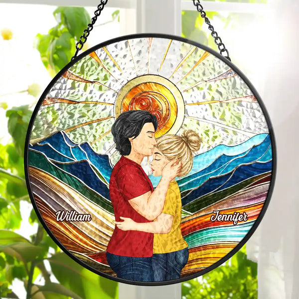 Couple Kissing In The Sun - Personalized Stained Glass Window Hanging Suncatcher