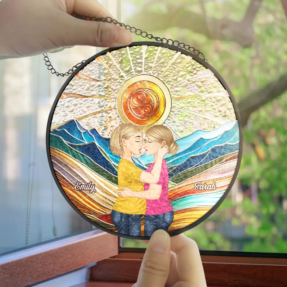 Couple Kissing In The Sun - Personalized Stained Glass Window Hanging Suncatcher