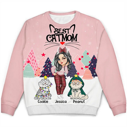 Christmas Best Cat Mom Funny Cartoon Cats - Personalized Unisex Ugly Sweater
