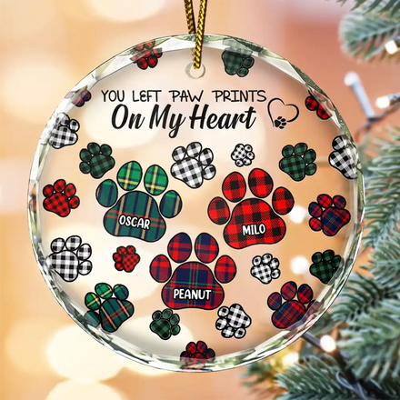 Memorial Dog Cat You Left Paw Prints On My Heart - Personalized Circle Glass Ornament