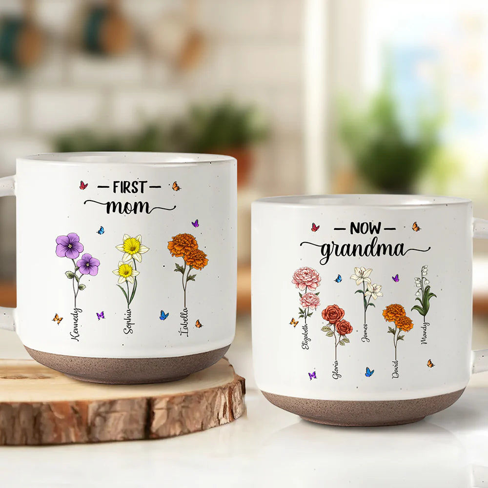 First Mom Now Grandma Birth Flowers - Personalized Pottery Mug
