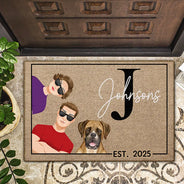 Family,Pet Lovers,Cat Lovers,Dog Lovers,Happy - Monogram Flat Art Family - Personalized Doormat