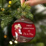 First Christmas As Mr & Mrs Loving Kissing Couple - Personalized 2-Layered Wooden Ornament
