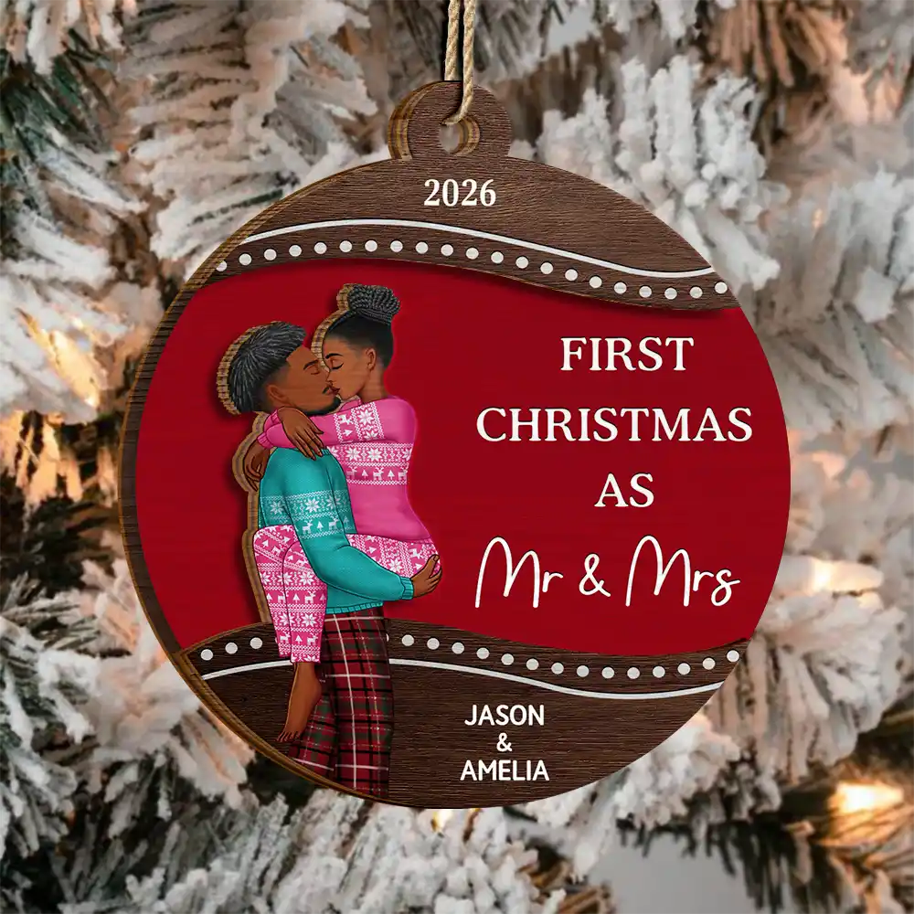 First Christmas As Mr & Mrs Loving Kissing Couple - Personalized 2-Layered Wooden Ornament