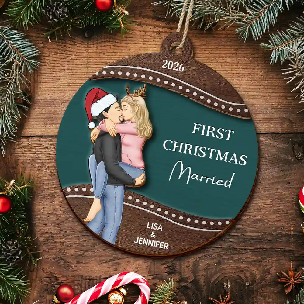 First Christmas As Mr & Mrs Loving Kissing Couple - Personalized 2-Layered Wooden Ornament