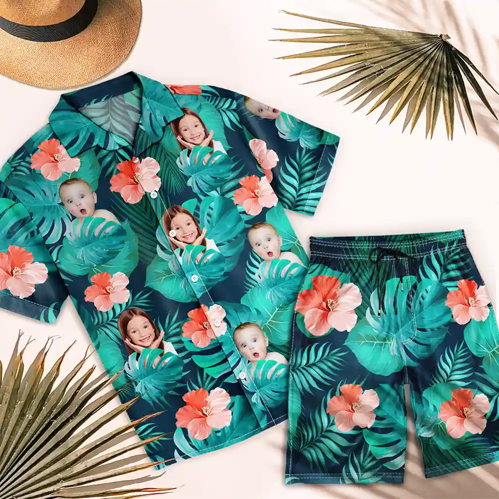 Gift For Husband,Gift For Boyfriend,Gift For Yourself,Parents,Gift For Men,Gift For Father,Gift For Grandpa,Pet Lovers,Pet Dad,Dog Lovers,Dog Dad,Cat Lovers,Cat Dad,Non-Eng,Photo,Playful - Custom Photo Tropical Leaves Pattern With Family Pet Face - Personalized Hawaii Set Shirt And Shorts