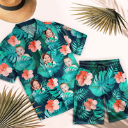Gift For Husband,Gift For Boyfriend,Gift For Yourself,Parents,Gift For Men,Gift For Father,Gift For Grandpa,Pet Lovers,Pet Dad,Dog Lovers,Dog Dad,Cat Lovers,Cat Dad,Non-Eng,Photo,Playful - Custom Photo Tropical Leaves Pattern With Family Pet Face - Personalized Hawaii Set Shirt And Shorts