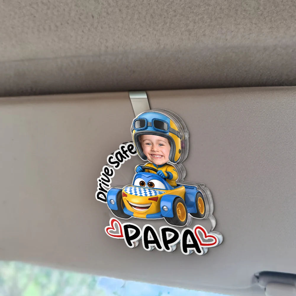 Gift For Father,Custom Photo,Adorable,Cut-Face Photo,Icon - Custom Photo Drive Safe Daddy Papa Best Pit Crew Kid Car Racing - Personalized Custom Shaped Acrylic Car Visor Clip