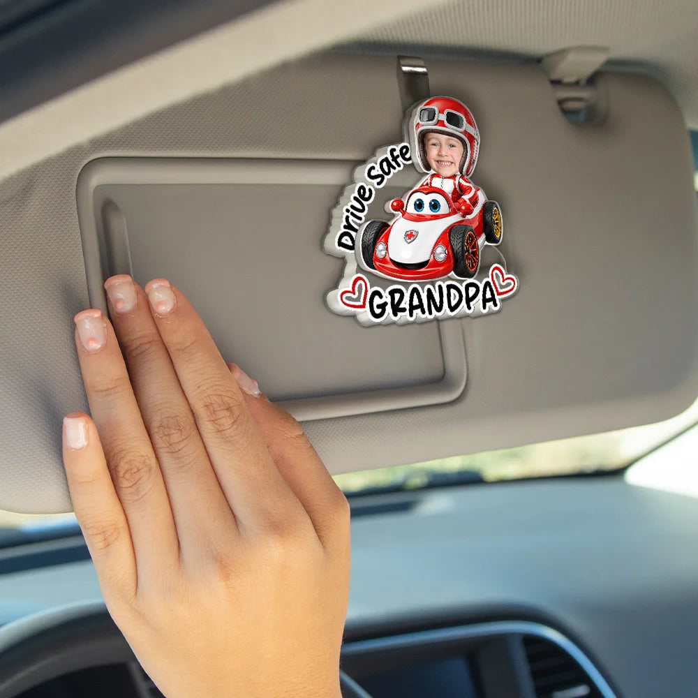 Gift For Father,Custom Photo,Adorable,Cut-Face Photo,Icon - Custom Photo Drive Safe Daddy Papa Best Pit Crew Kid Car Racing - Personalized Custom Shaped Acrylic Car Visor Clip