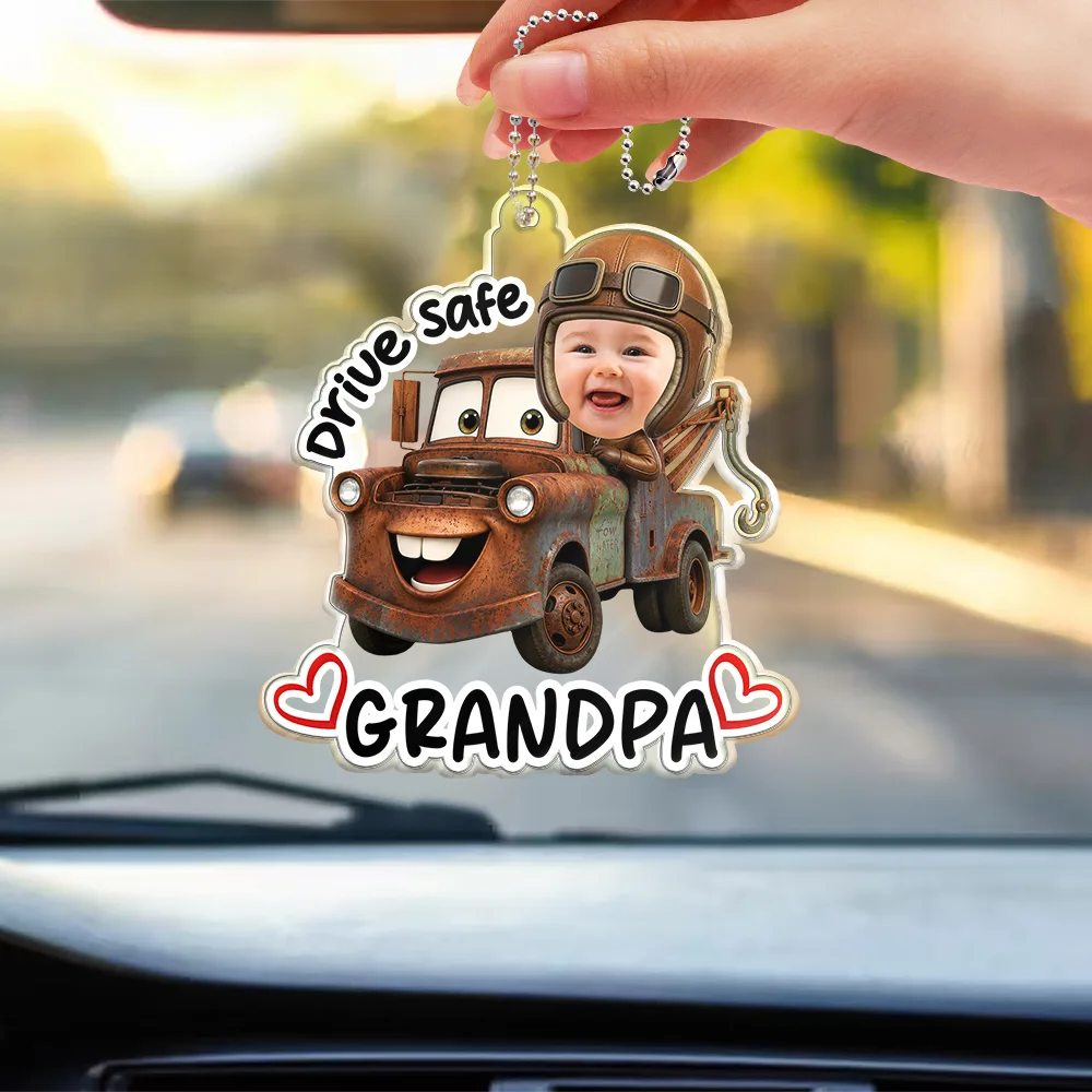 Gift For Father,Custom Photo,Adorable,Cut-Face Photo,Icon - Custom Photo Drive Safe Daddy Papa Best Pit Crew Kid Car Racing - Personalized Acrylic Car Hanger