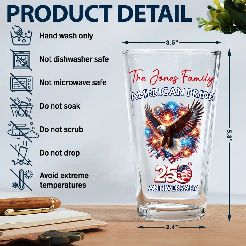 America 250th,Independence Day,Gift For Yourself,Proud,Icon - America 250th Anniversary US Proud Patriotic Eagle - Personalized Beer Glass
